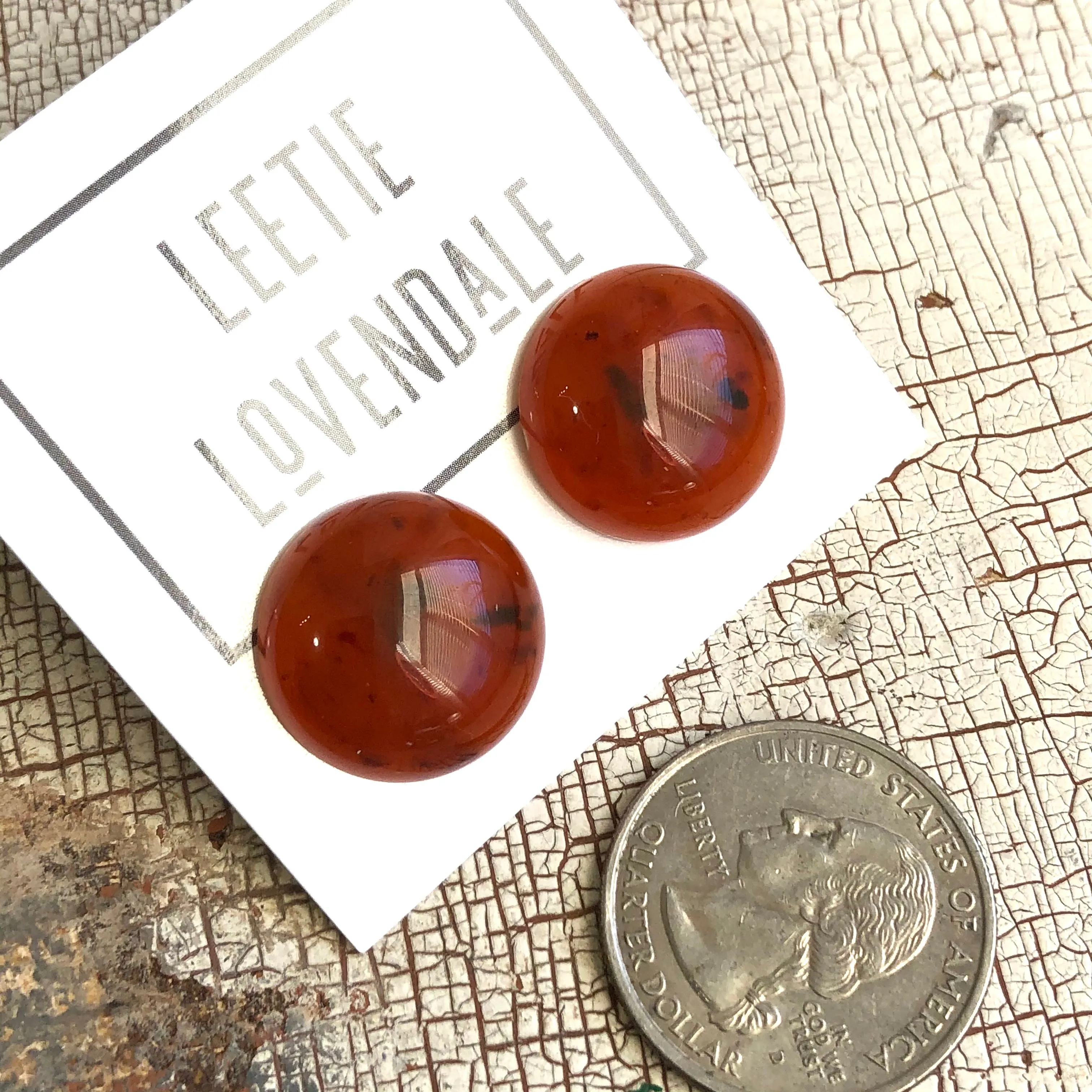 Carnelian Honey Amber Speckled Granite Retro Button Stud Earrings