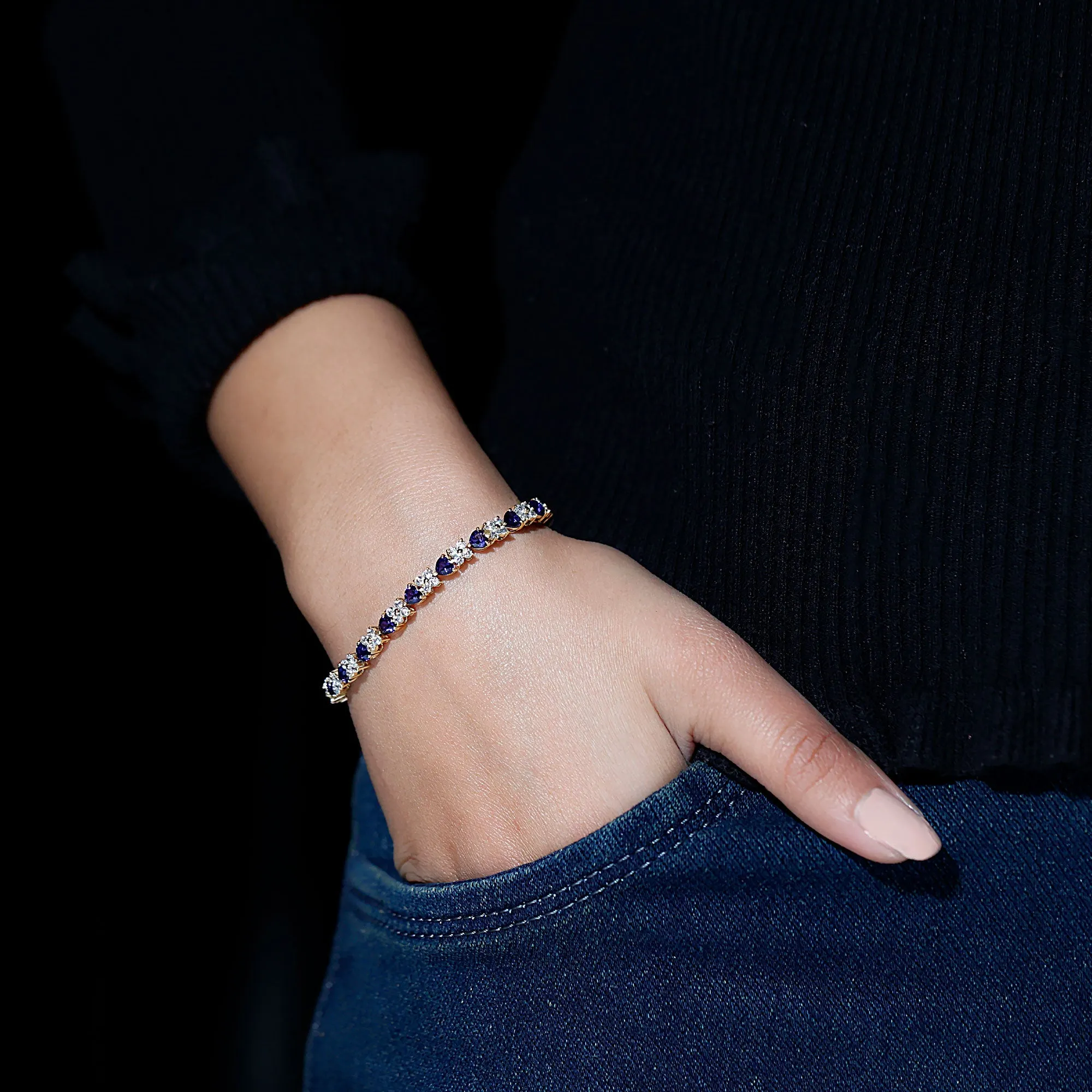 Certified Lab Grown Blue Sapphire And Moissanite Heart Tennis Bracelet