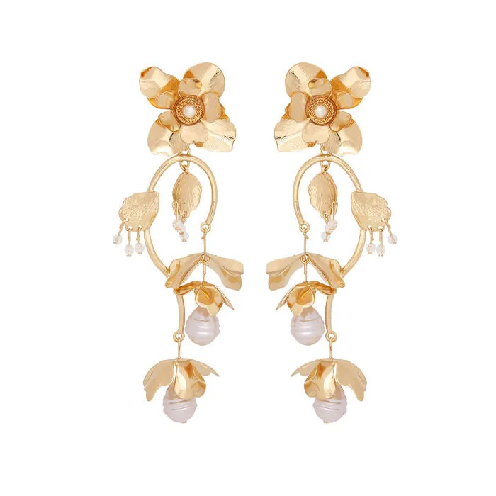 Chandelier Gold Flower Pearl Dangle Earrings