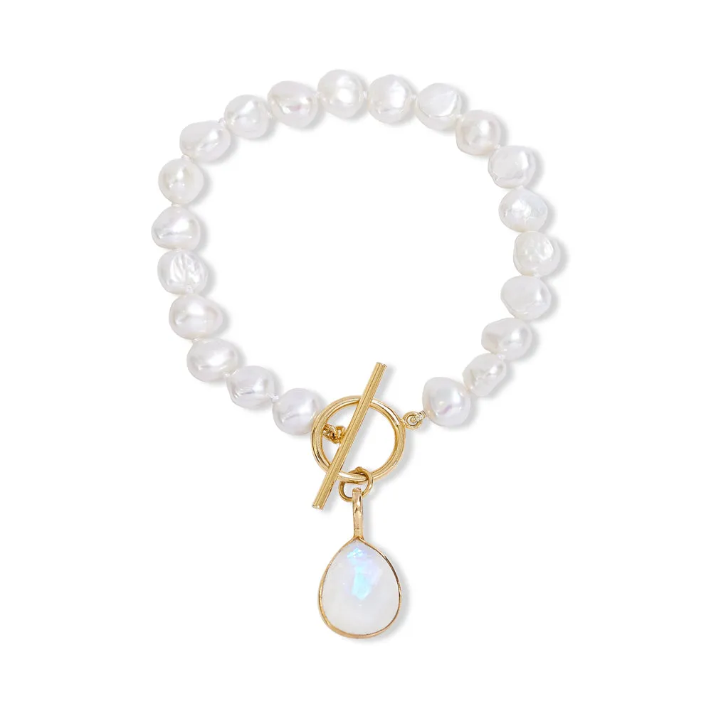 Clara white cultured freshwater pearl bracelet with a moonstone drop pendant