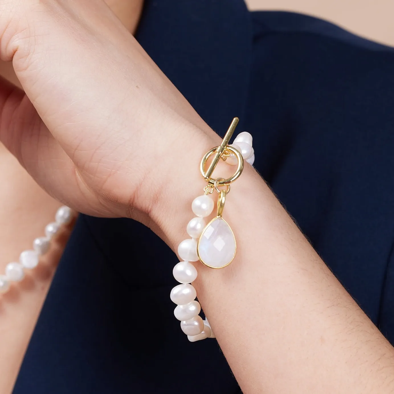 Clara white cultured freshwater pearl bracelet with a moonstone drop pendant