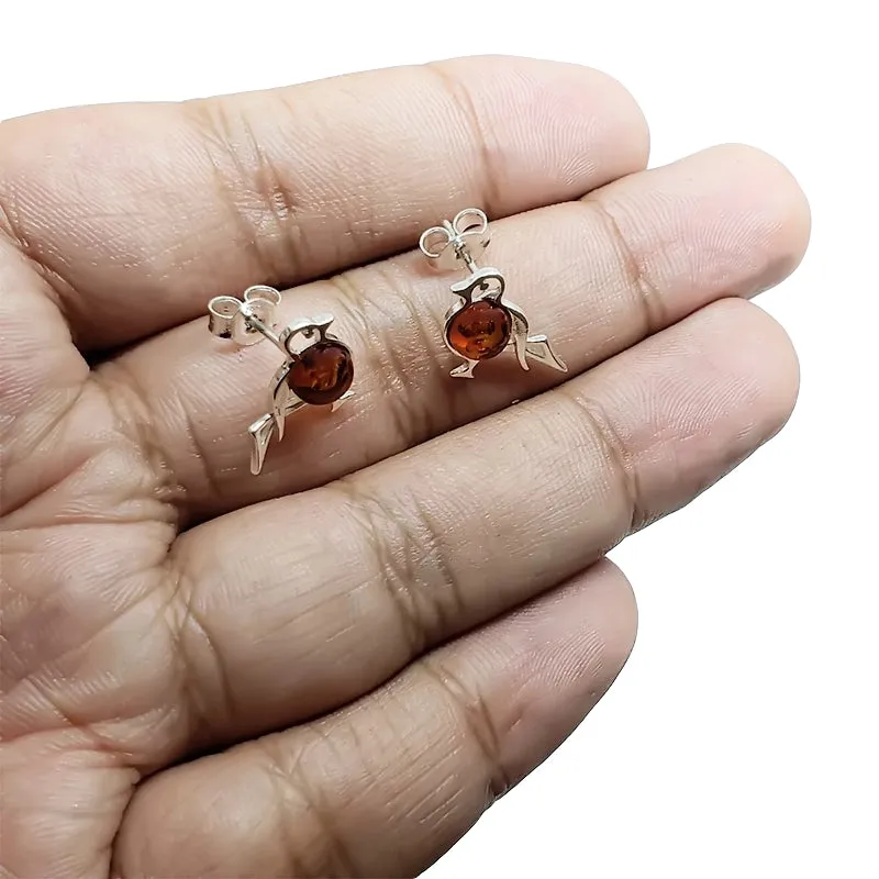 Cognac Amber Bird Stud Earrings