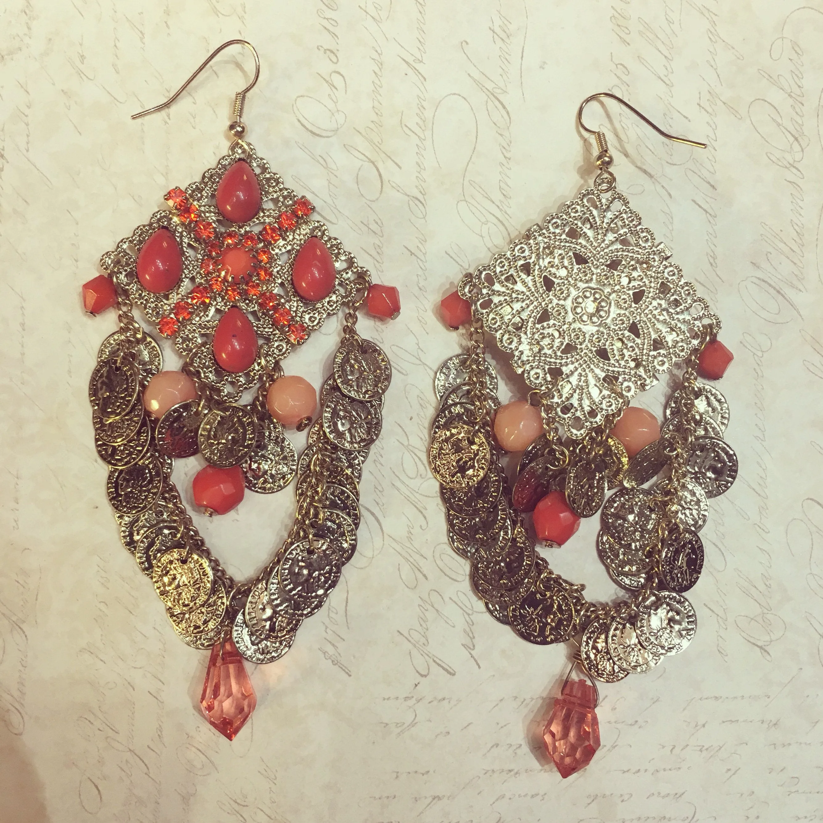 Coral Gold Coin Charm earrings