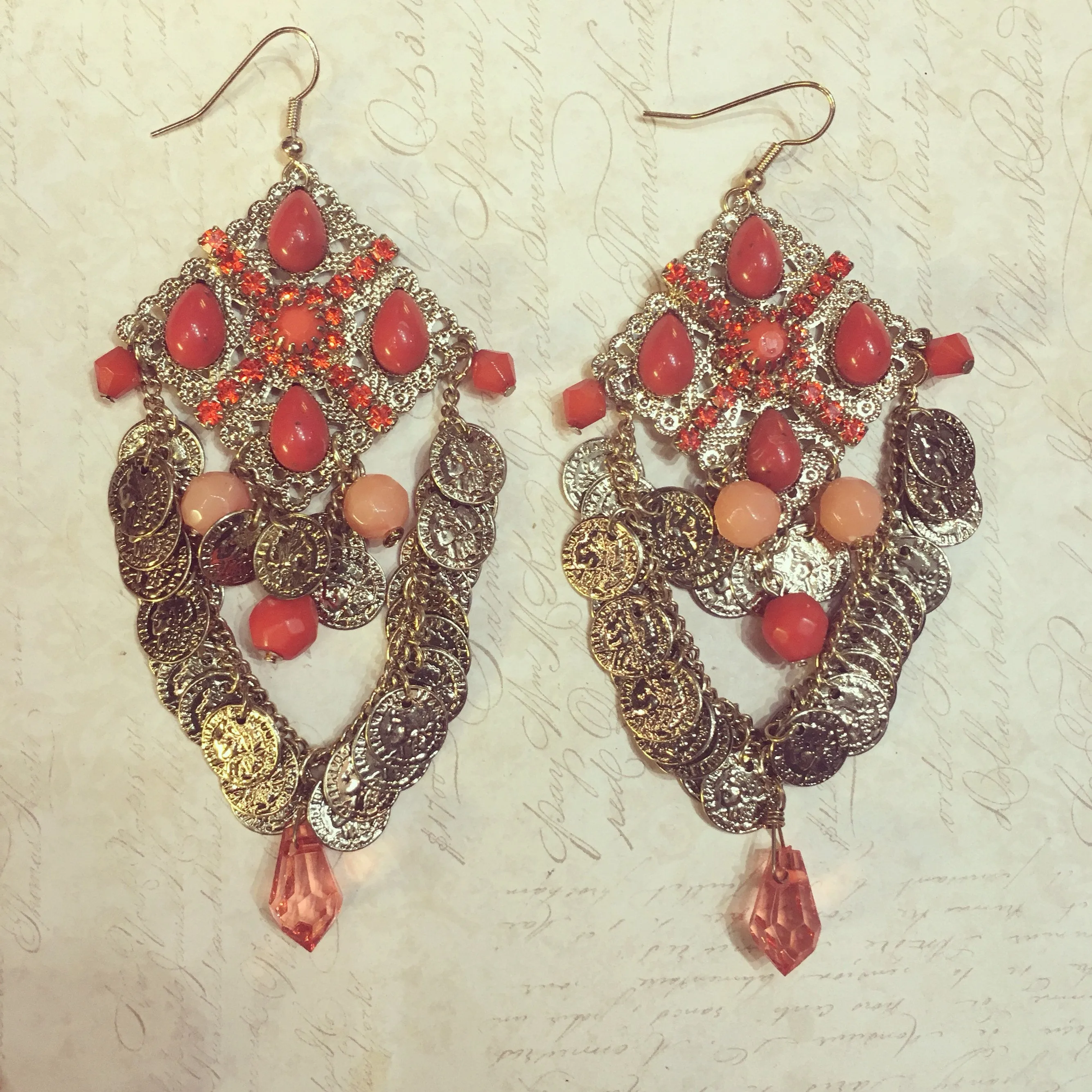 Coral Gold Coin Charm earrings