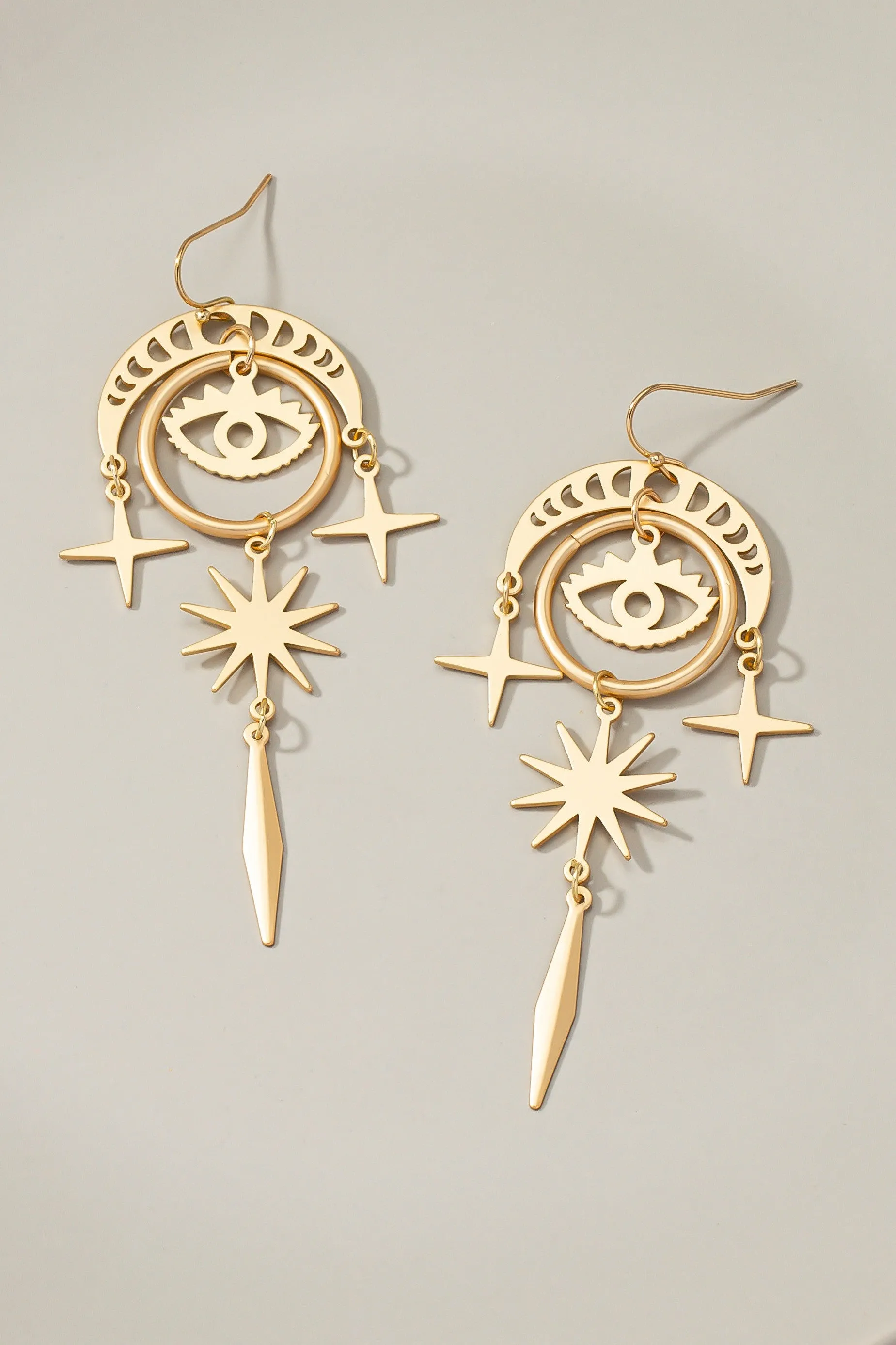 Crescent Moon Stars Eye Chandelier Earrings