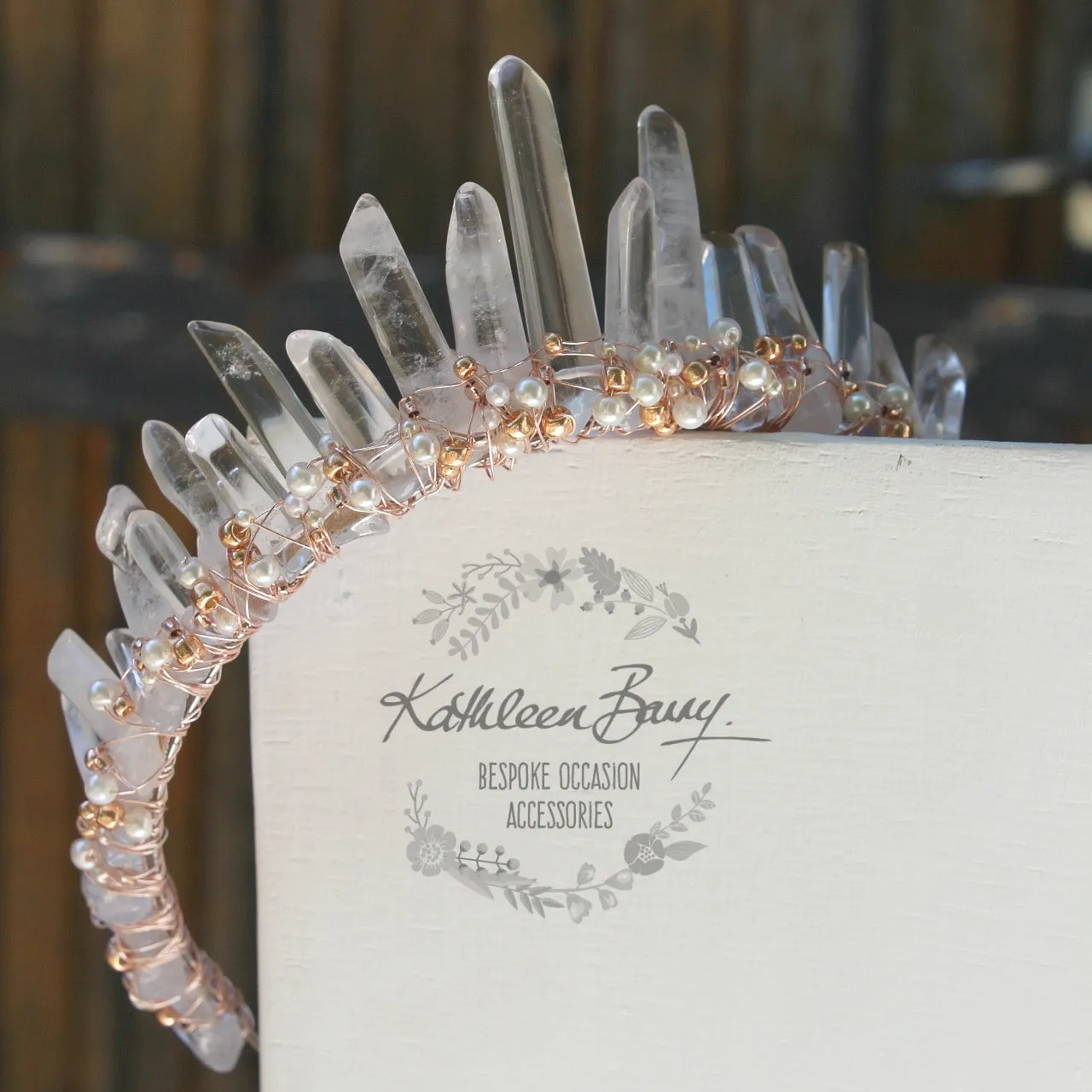 Crystal quartz bridal crown with rose gold, gold or silver wirework - Added rose gold and pearls