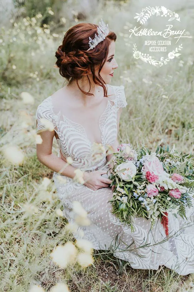 Crystal quartz bridal crown with rose gold, gold or silver wirework - Added rose gold and pearls