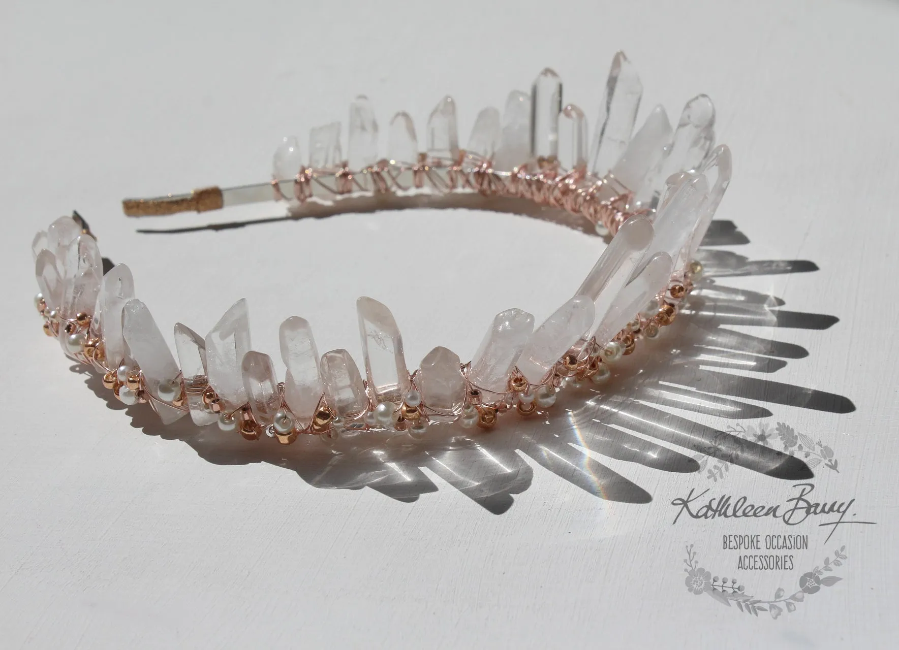 Crystal quartz bridal crown with rose gold, gold or silver wirework - Added rose gold and pearls