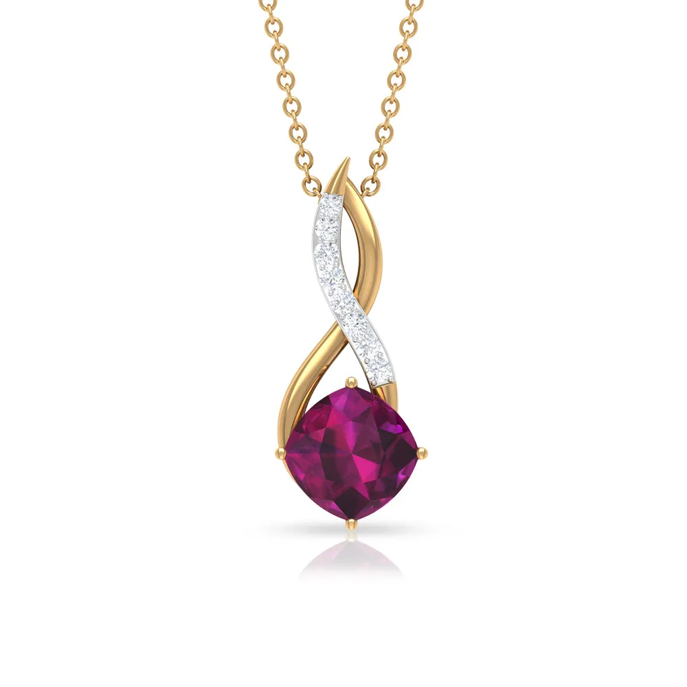 Cushion Cut Rhodolite Solitaire Infinity Pendant with Diamond