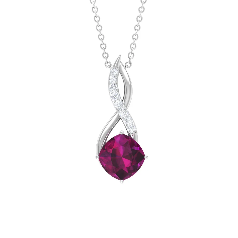 Cushion Cut Rhodolite Solitaire Infinity Pendant with Diamond