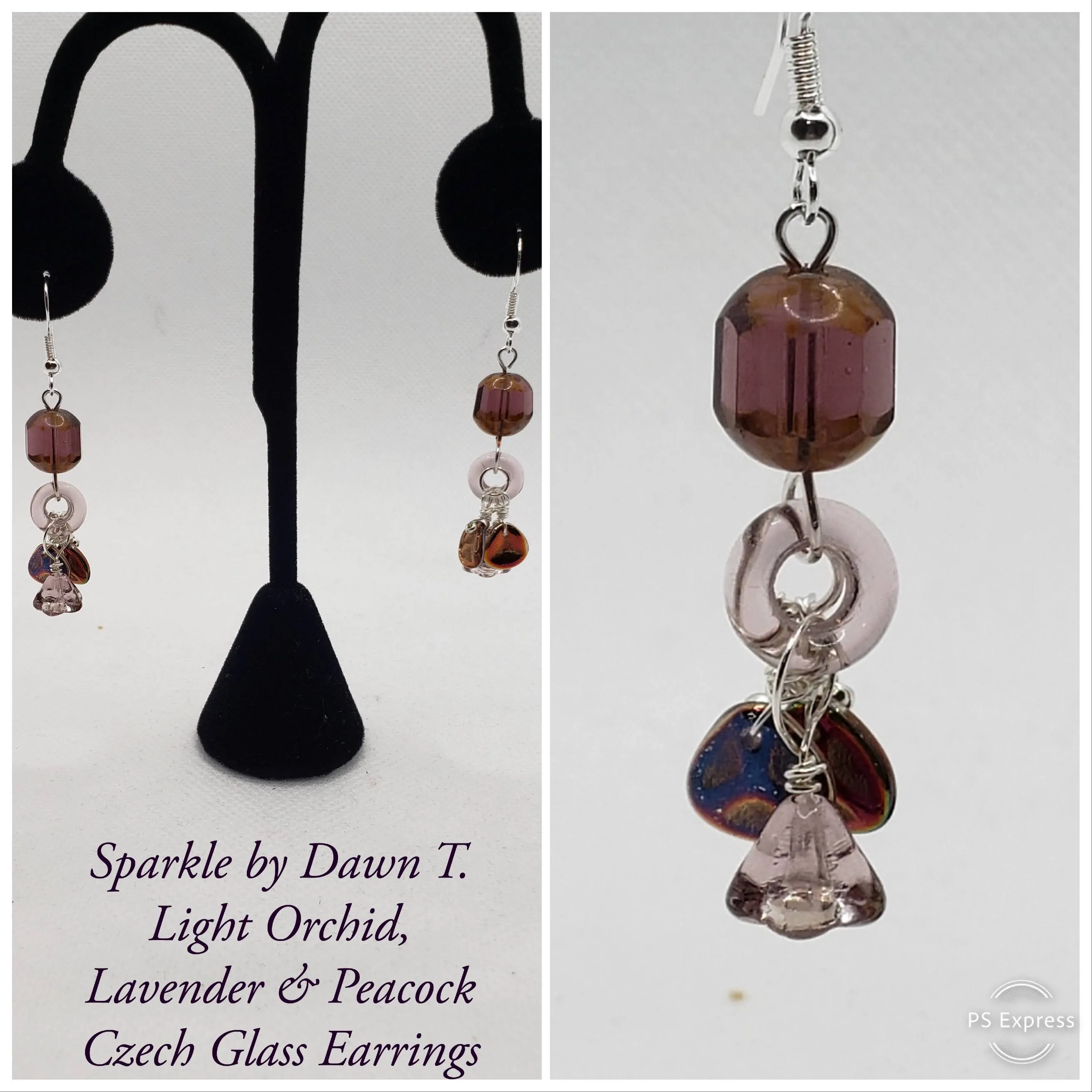 Czech Glass Amethyst, Copper Peacock Fairy Petal and Flower Silver Bracelet and matching Earrings