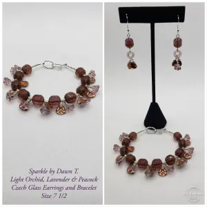 Czech Glass Amethyst, Copper Peacock Fairy Petal and Flower Silver Bracelet and matching Earrings