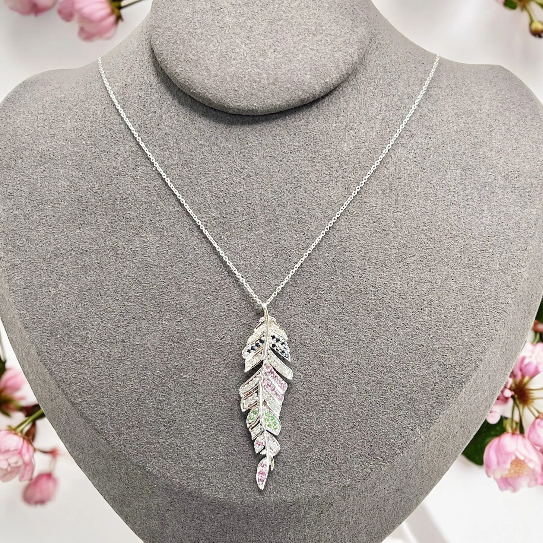 DIAMOND SAPPHIRE GARNET FEATHER NECKLACE