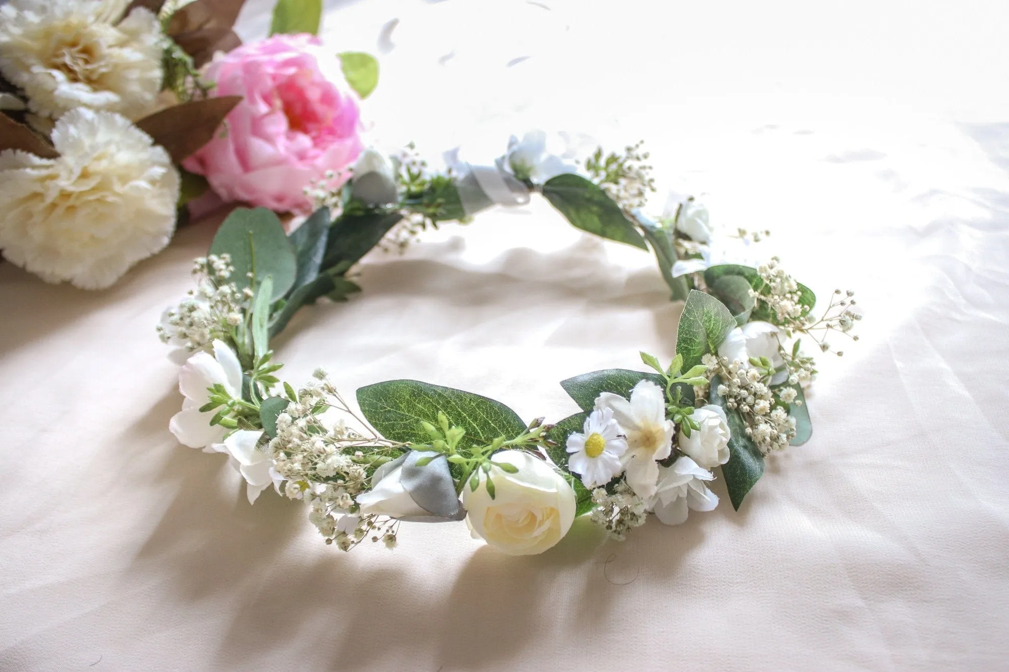 Dried Baby's Breath, Silk Daisy and Eucalyptus Wedding Crown with small white roses