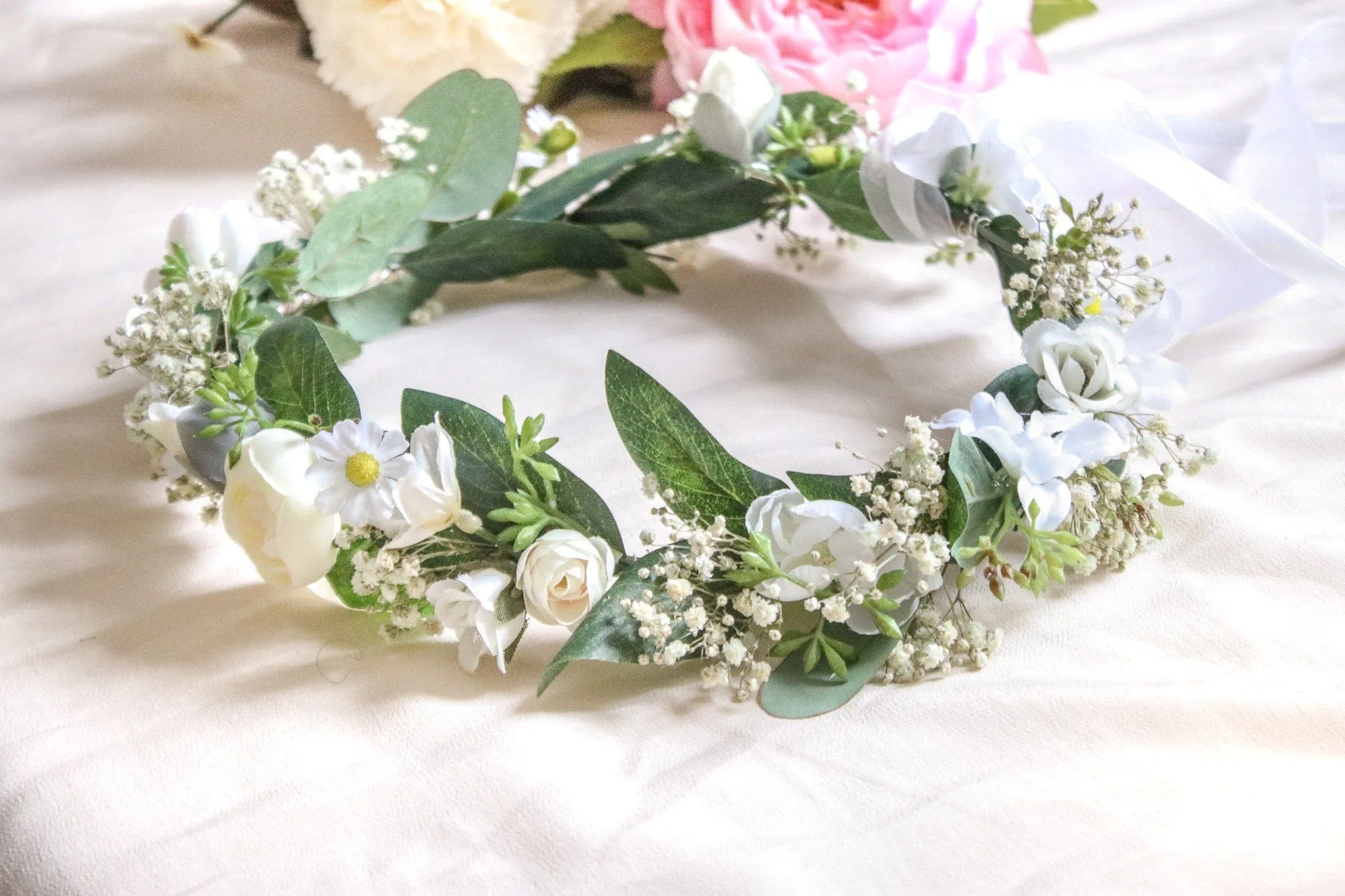 Dried Baby's Breath, Silk Daisy and Eucalyptus Wedding Crown with small white roses