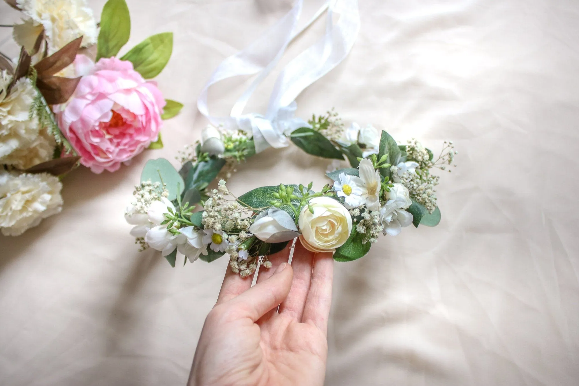 Dried Baby's Breath, Silk Daisy and Eucalyptus Wedding Crown with small white roses