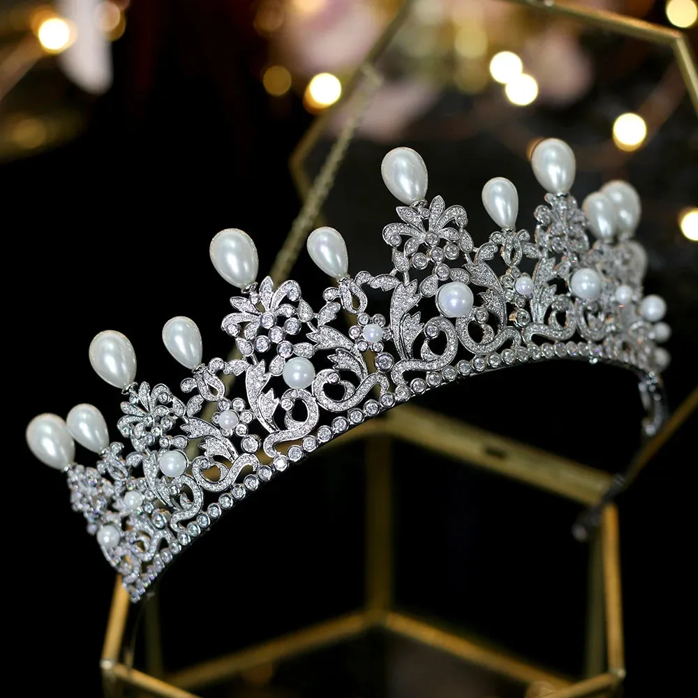 Elegant Pearl Bridal Crown Tiara Zirconia Nupcial Tiara Perla Corona Boda Accesorios