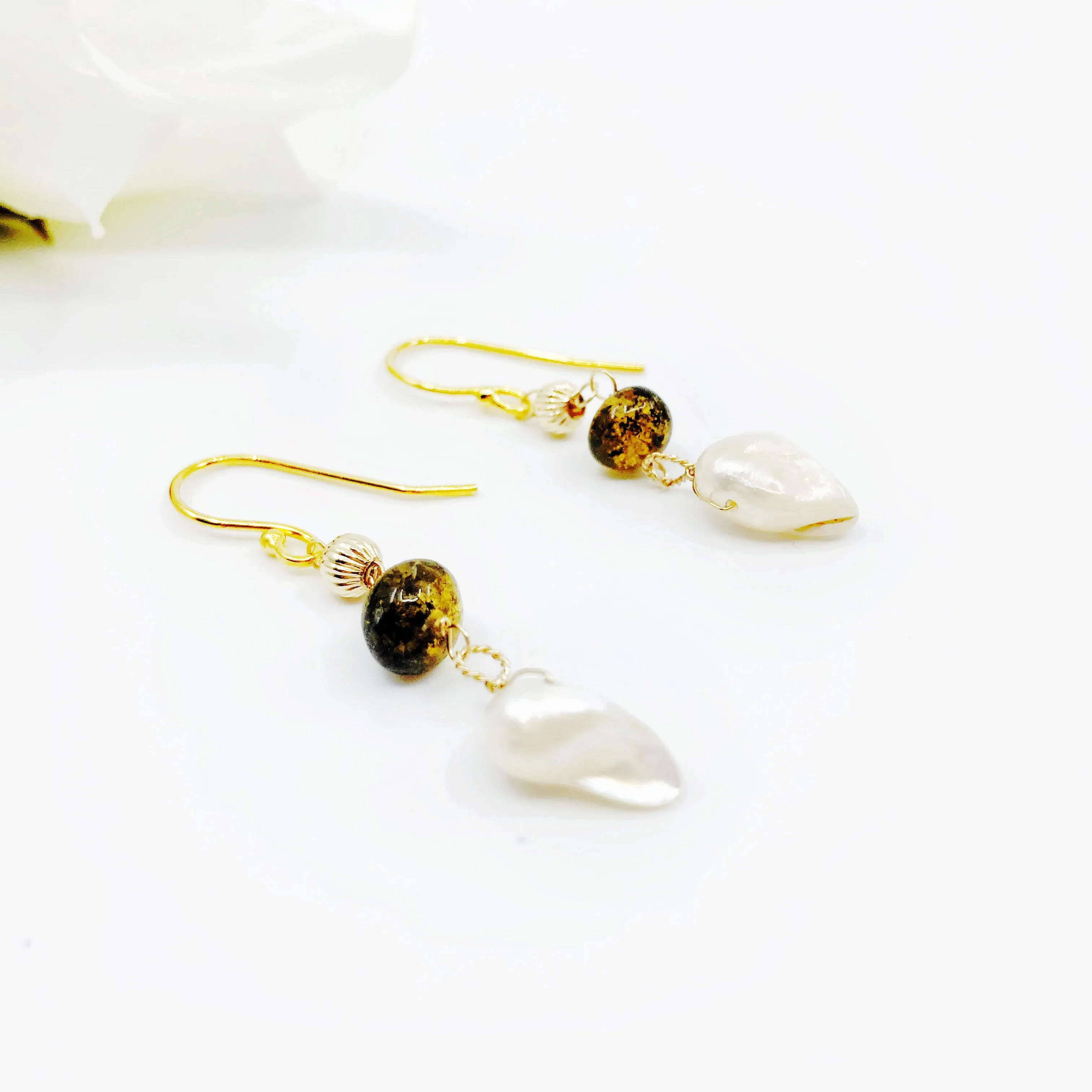 Forest Fairy Amber and Pearl Earrings