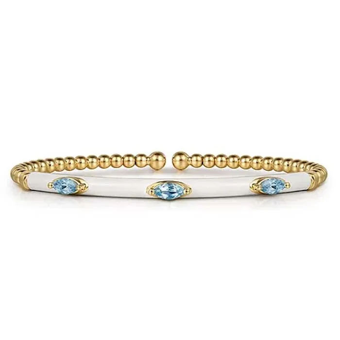 Gabriel & Co. White Enamel Bujukan Split Bangle with Blue Topaz in 14K Yellow Gold