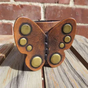 Genuine Leather Butterfly Cuff Bracelet With Brass Studs Boho Wide Vegetable Dyed Studded Cowhide By Karen Kell