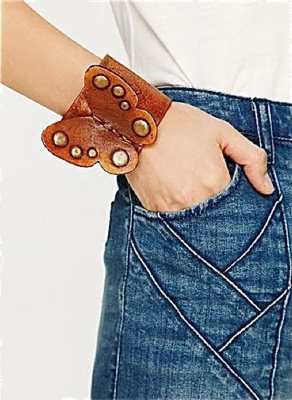 Genuine Leather Butterfly Cuff Bracelet With Brass Studs Boho Wide Vegetable Dyed Studded Cowhide By Karen Kell