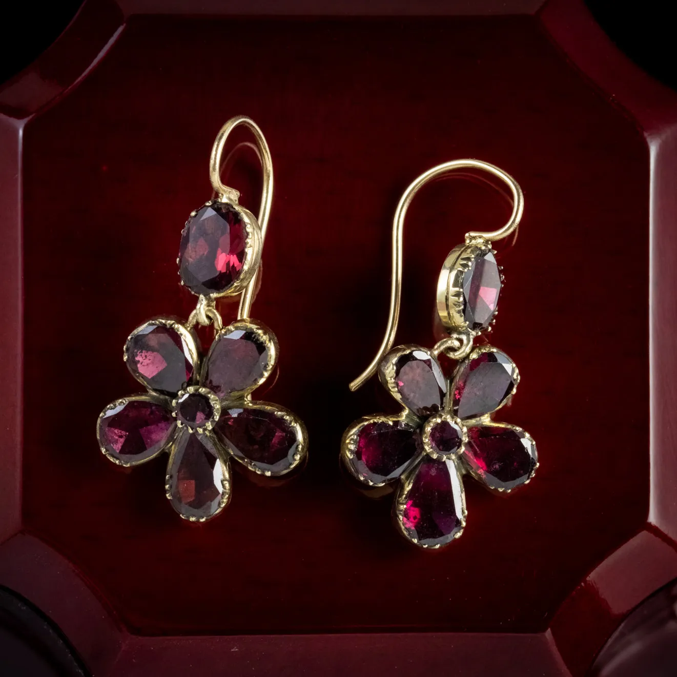 Georgian Flat Cut Garnet Flower Earrings 18Ct Gold