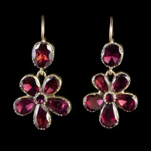 Georgian Flat Cut Garnet Flower Earrings 18Ct Gold