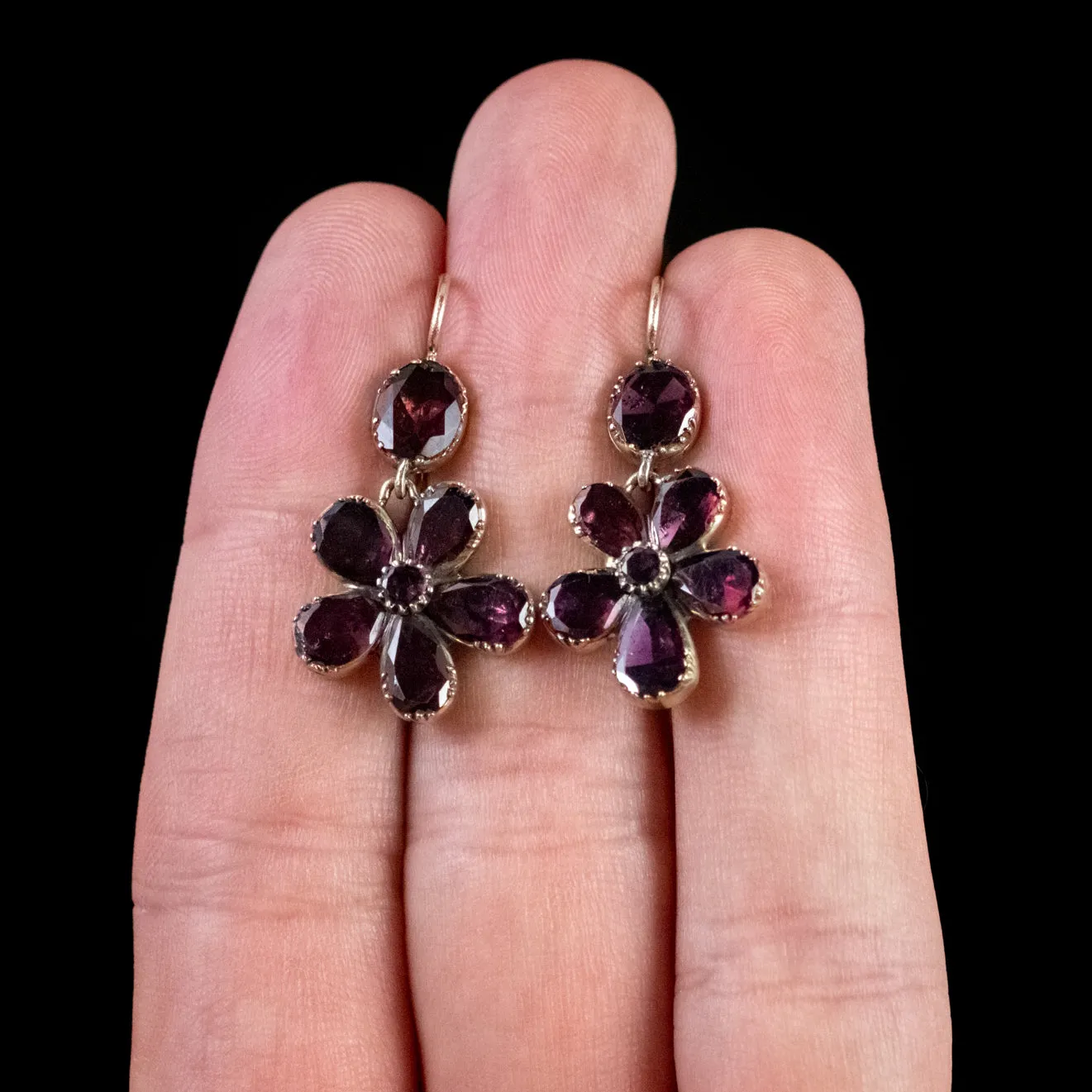 Georgian Flat Cut Garnet Flower Earrings 18Ct Gold