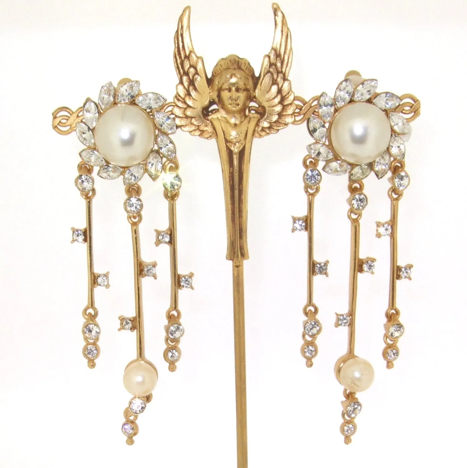 Glass Pearl Earrings with Crystal Chandelier clip On