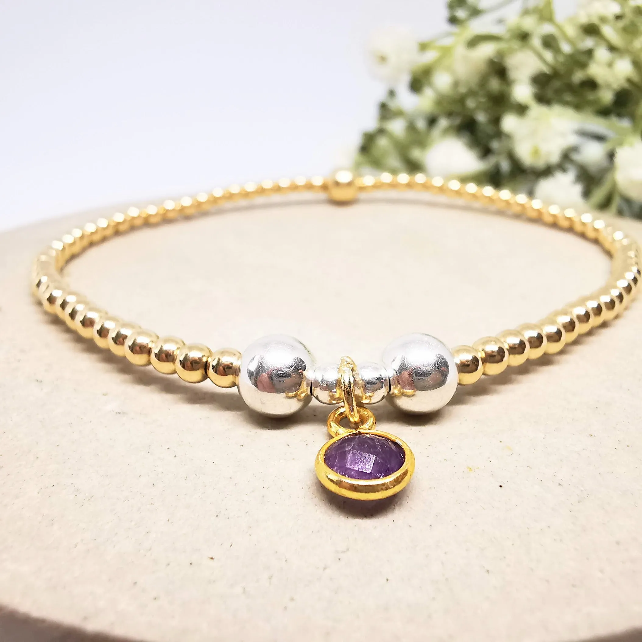 Gold Bead Bracelet with Amethyst