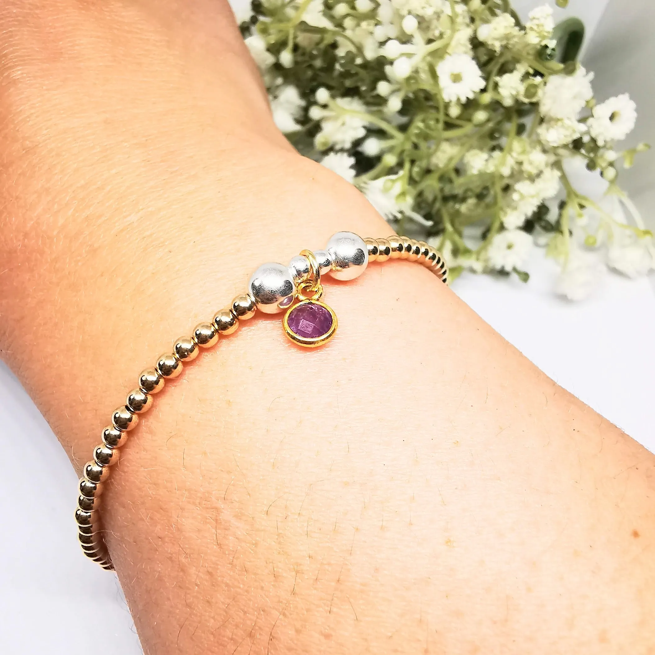 Gold Bead Bracelet with Amethyst