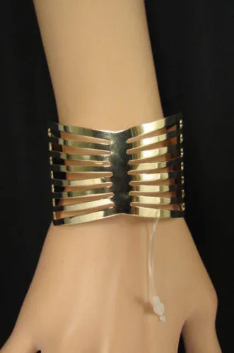 Gold Thin Metal Hand Cuff Bracelet Cut Out Bow Shapes