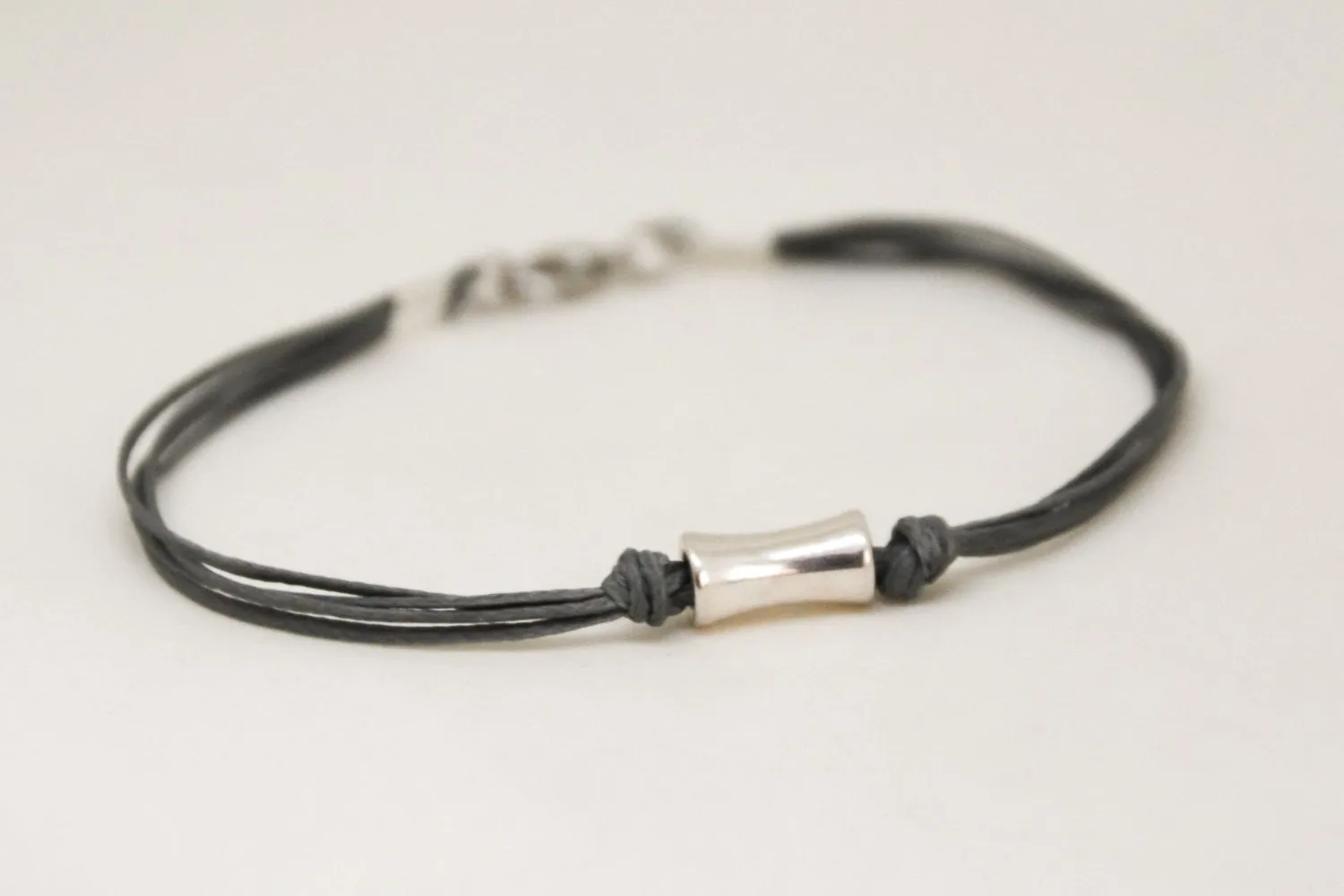 Gray bracelet for men, silver tube bead charm, handmade gift for him