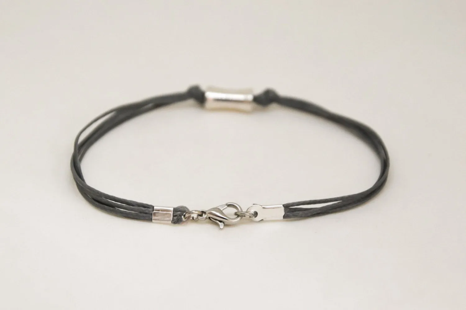 Gray bracelet for men, silver tube bead charm, handmade gift for him