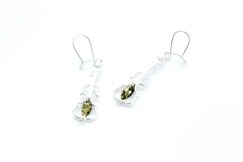 Green Amber Violin Earrings