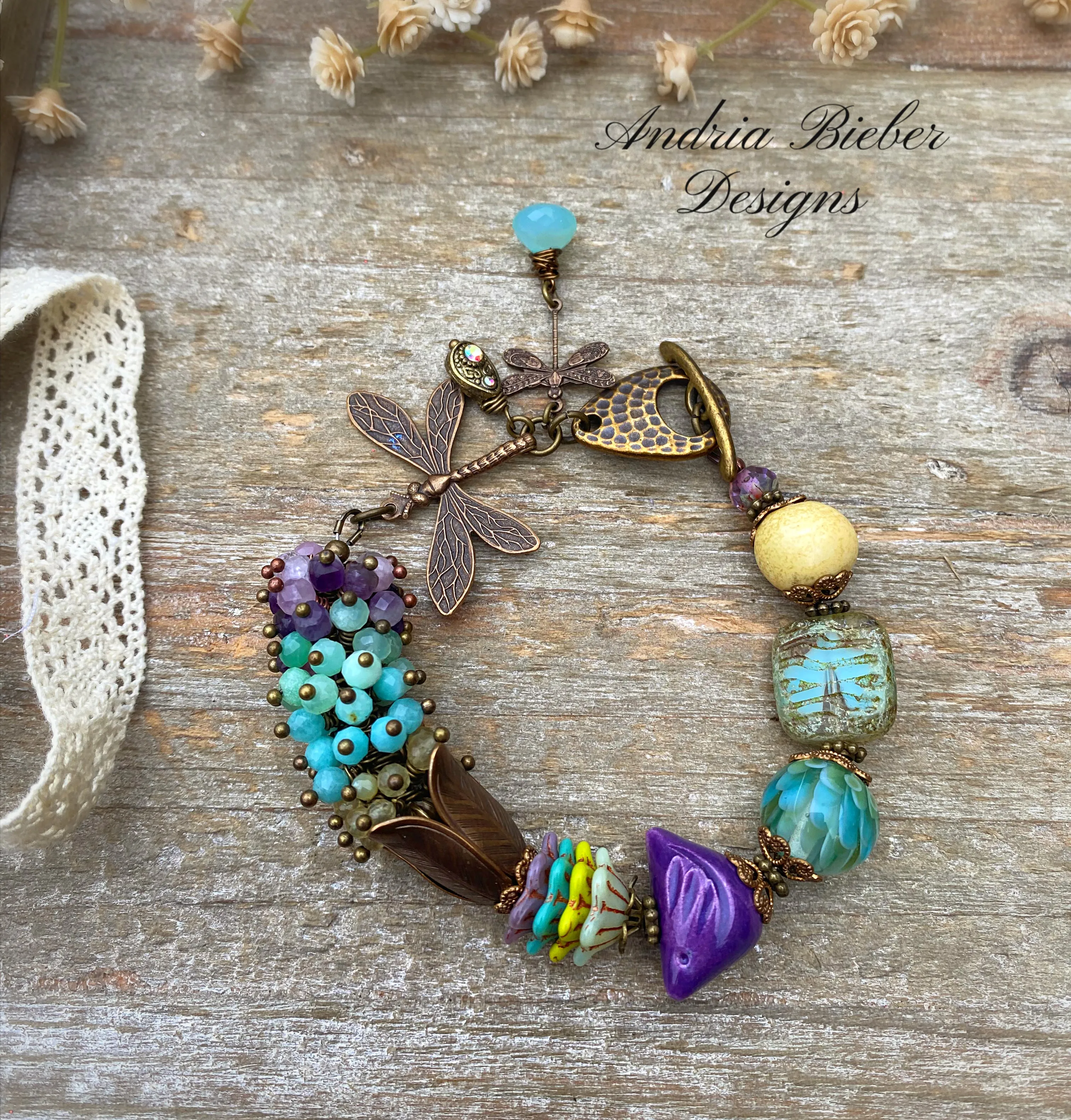 Handmade lampwork glass, purple ceramic bird, mixed stone, Czech glass, bronze metal, dragonfly charm, bracelet, jewelry