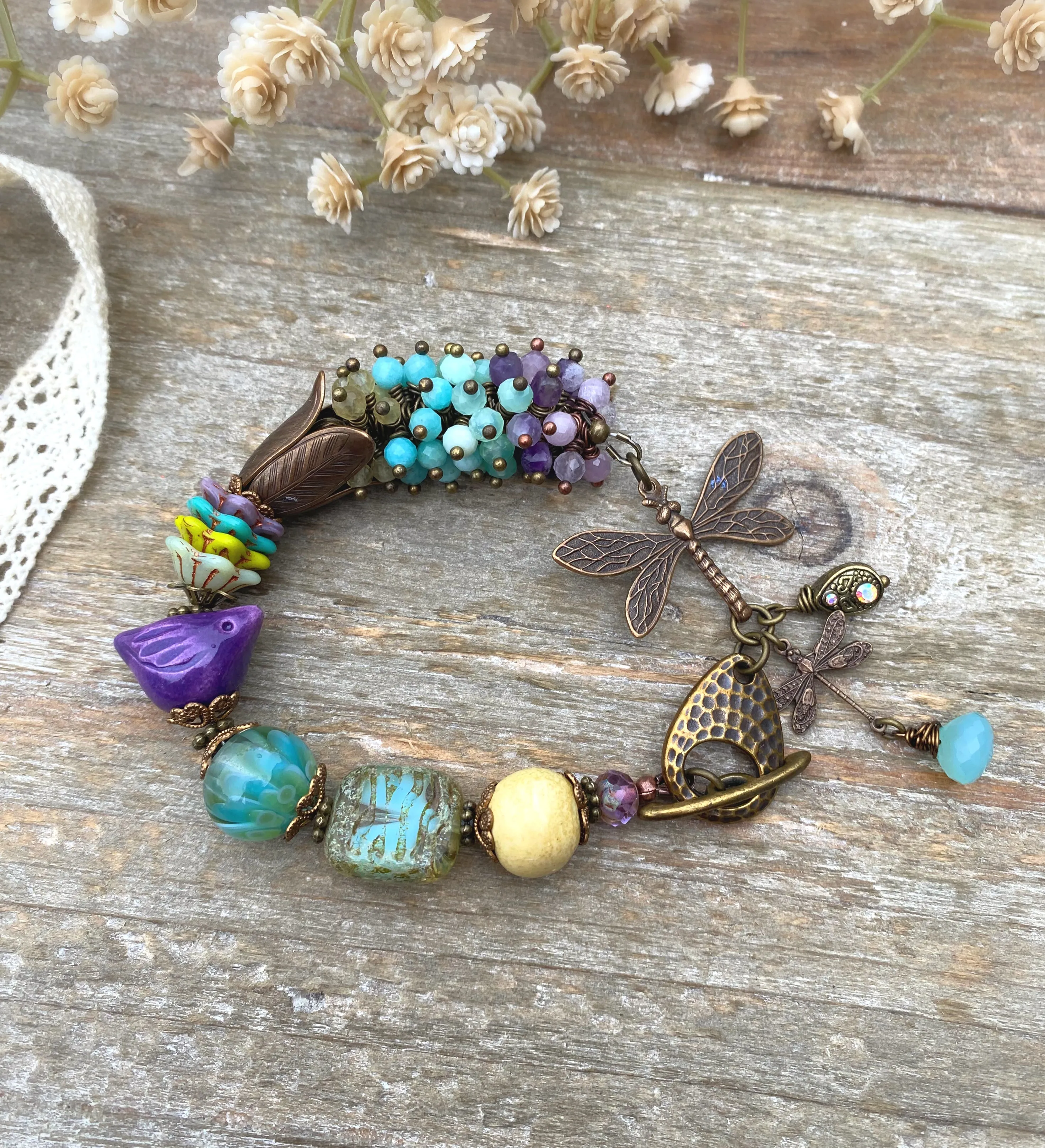 Handmade lampwork glass, purple ceramic bird, mixed stone, Czech glass, bronze metal, dragonfly charm, bracelet, jewelry