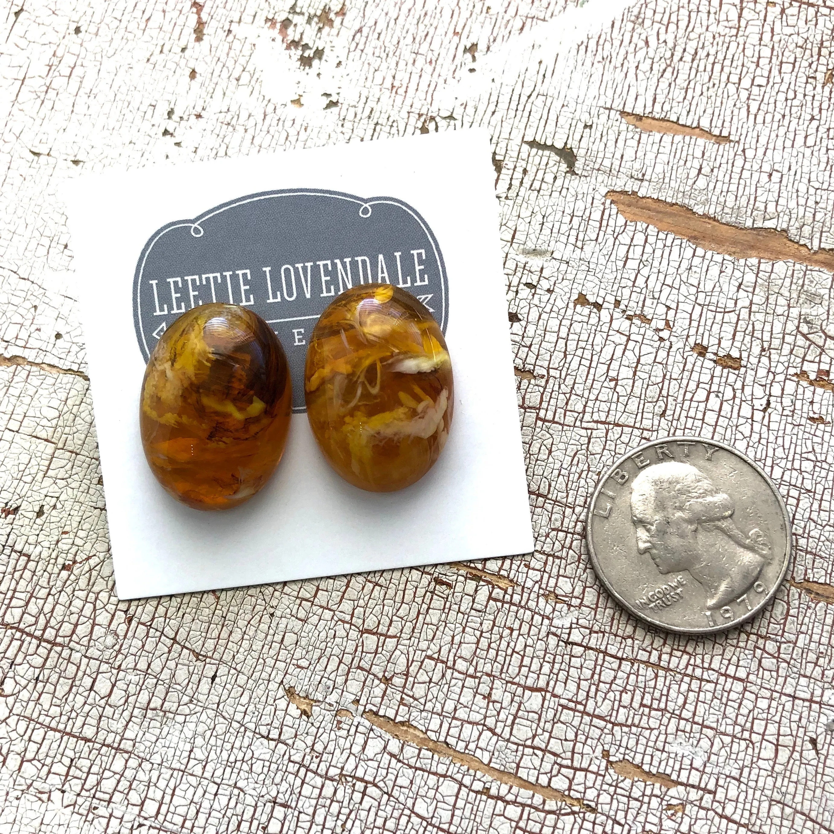 Honey Golden Amber Marbled Oval Stud Earrings