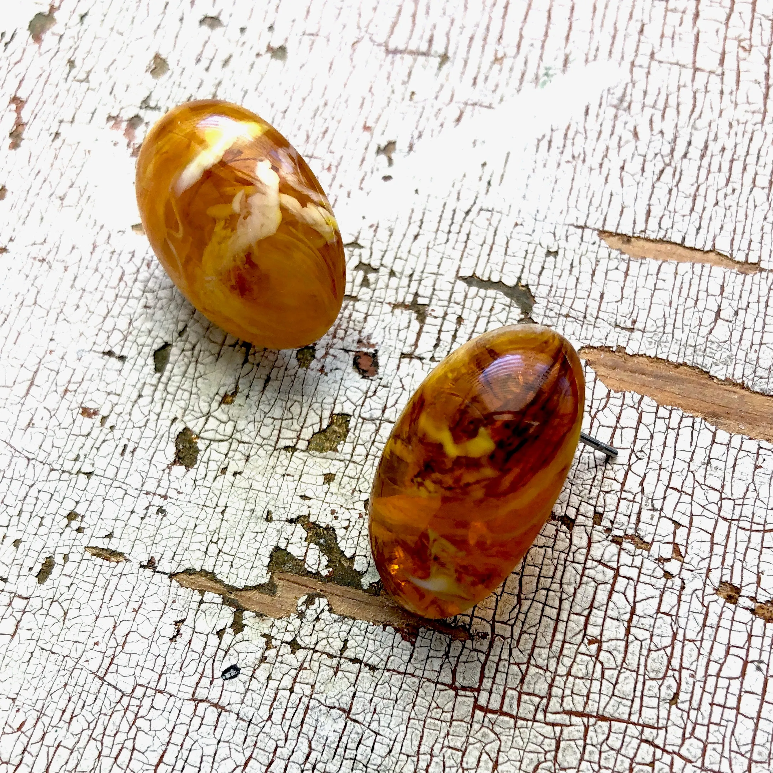 Honey Golden Amber Marbled Oval Stud Earrings