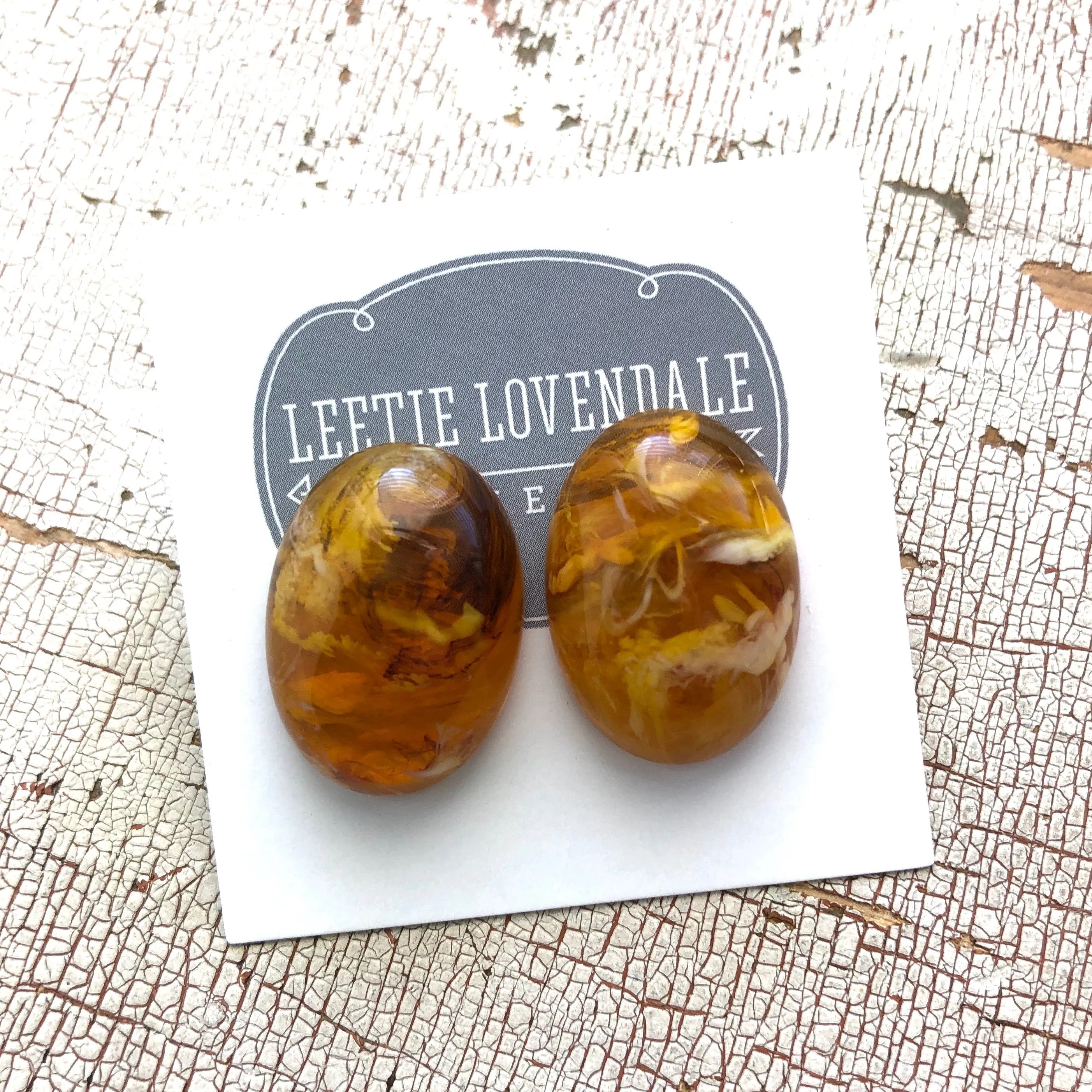 Honey Golden Amber Marbled Oval Stud Earrings