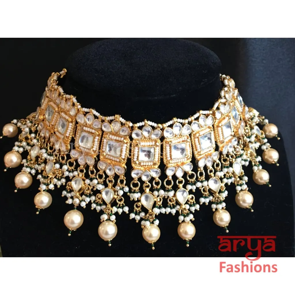 Jaipuri Pacchi Kundan Choker with Pearl Drops