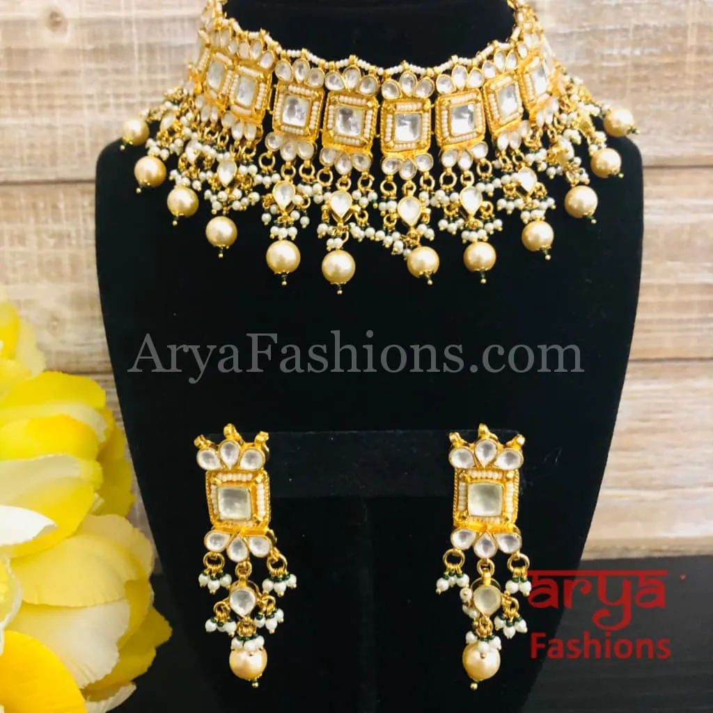 Jaipuri Pacchi Kundan Choker with Pearl Drops