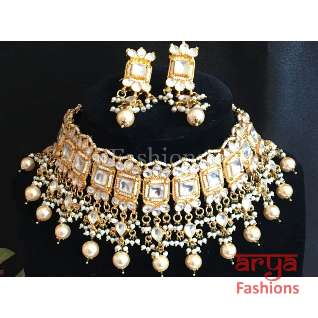 Jaipuri Pacchi Kundan Choker with Pearl Drops