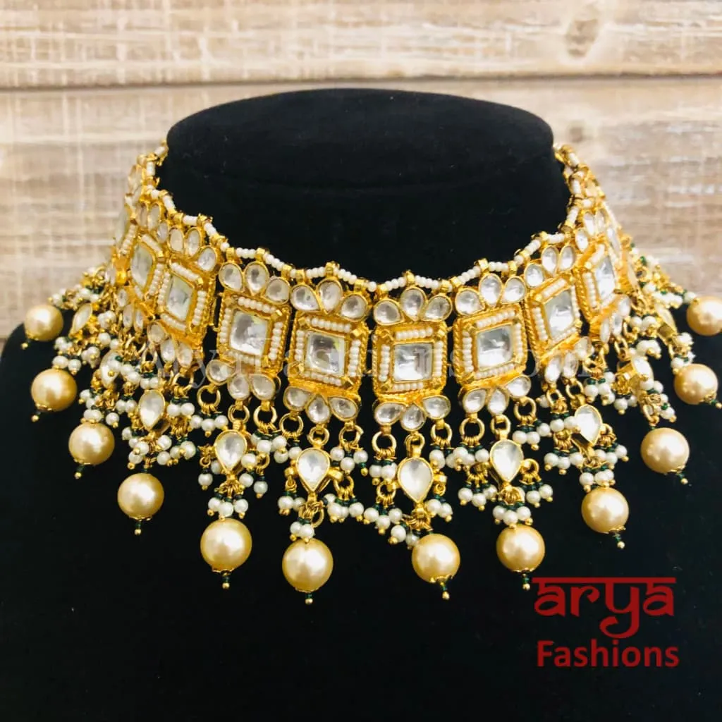 Jaipuri Pacchi Kundan Choker with Pearl Drops