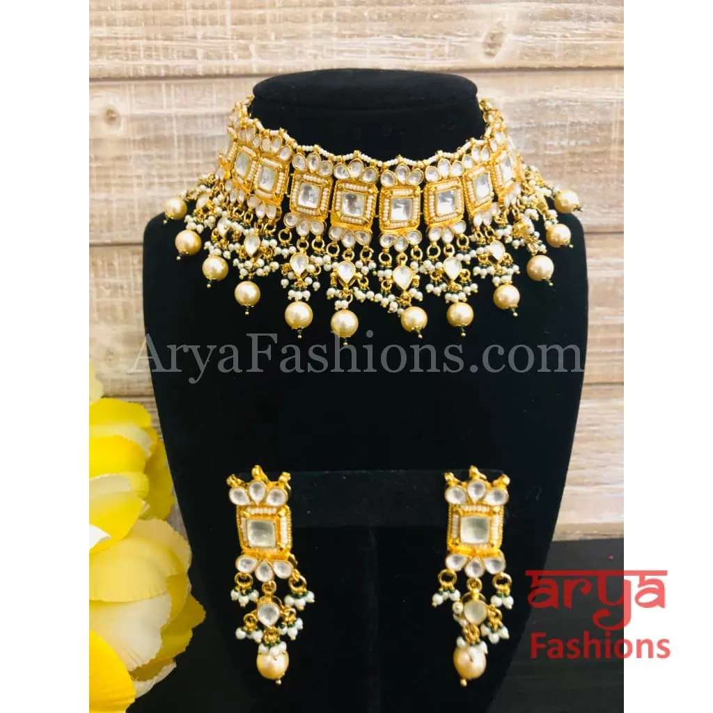 Jaipuri Pacchi Kundan Choker with Pearl Drops