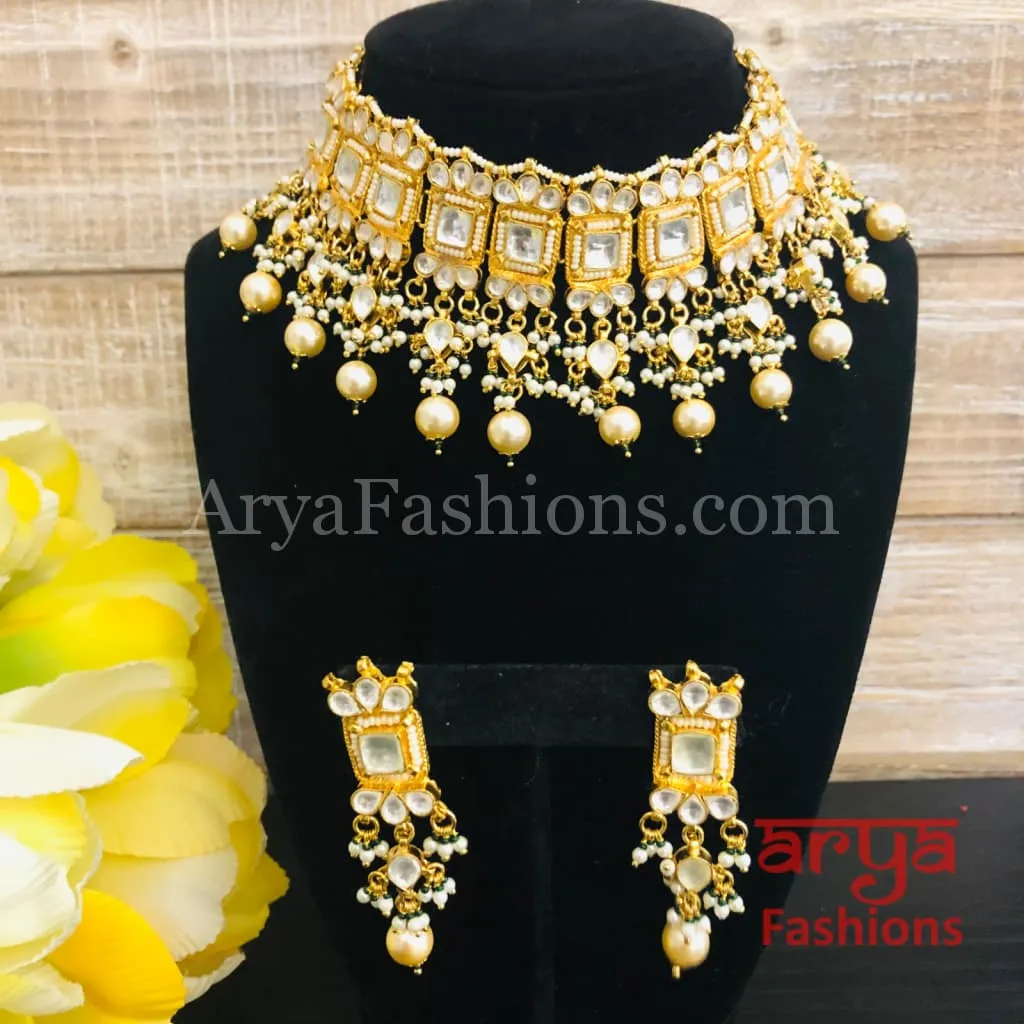 Jaipuri Pacchi Kundan Choker with Pearl Drops