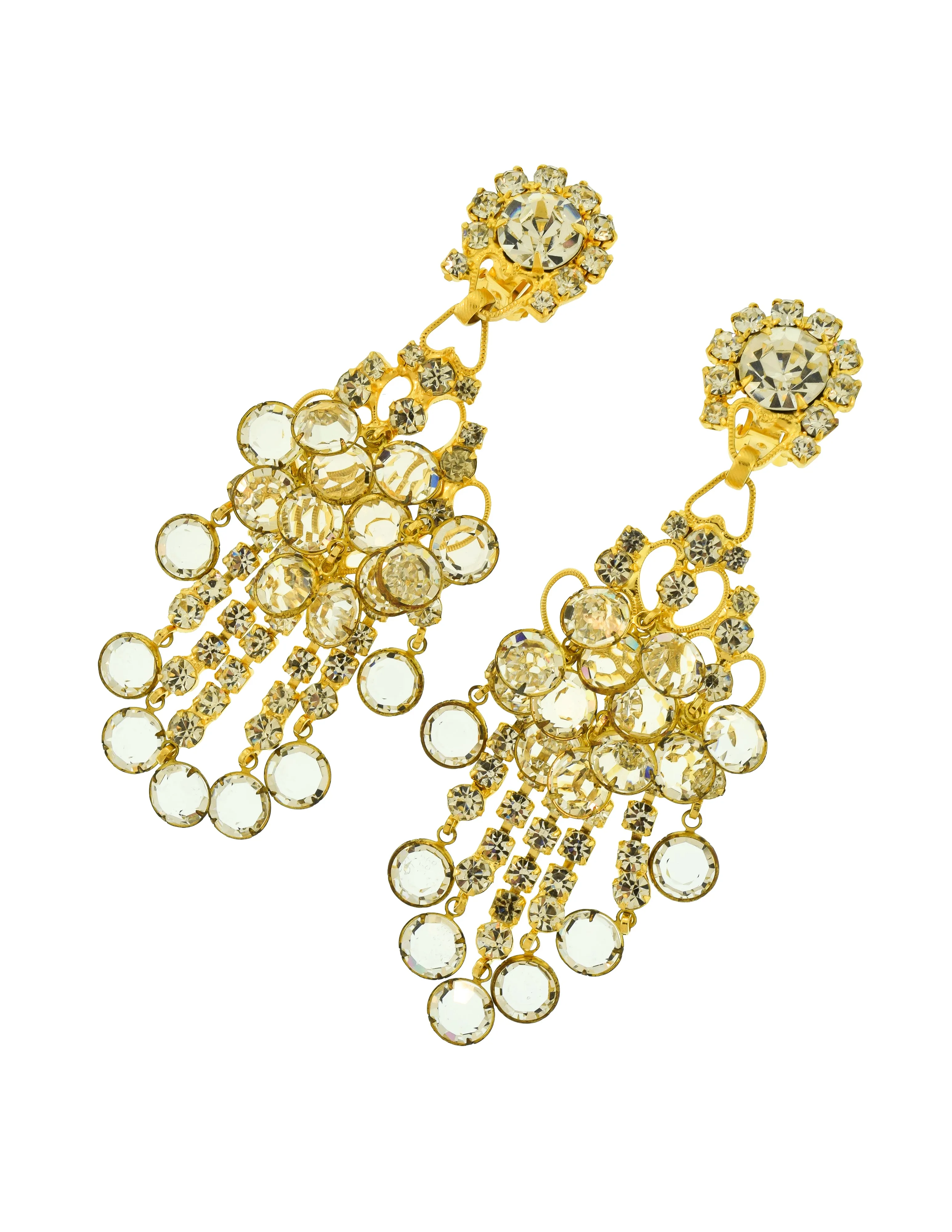 Kenneth Jay Lane Vintage 1960s Outstanding Rhinestone Gold Shoulder Duster Chandelier Earrings