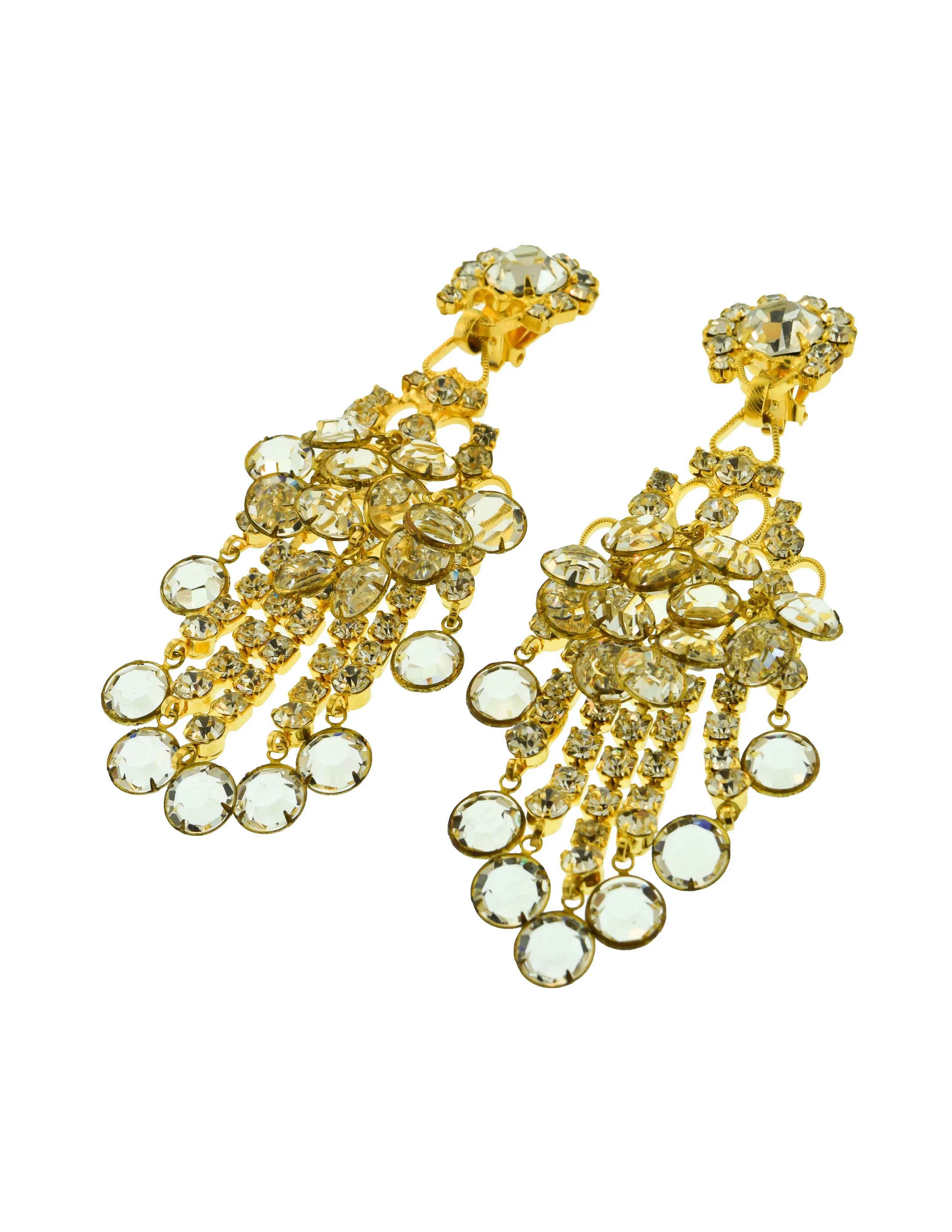 Kenneth Jay Lane Vintage 1960s Outstanding Rhinestone Gold Shoulder Duster Chandelier Earrings