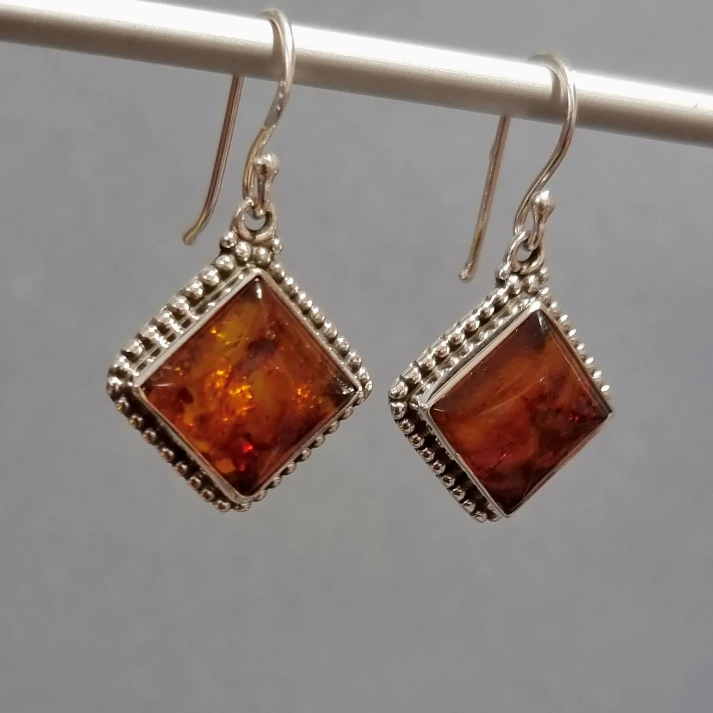 Large Boho Square Baltic Amber Dangle Sterling Silver Earrings, AMBE4