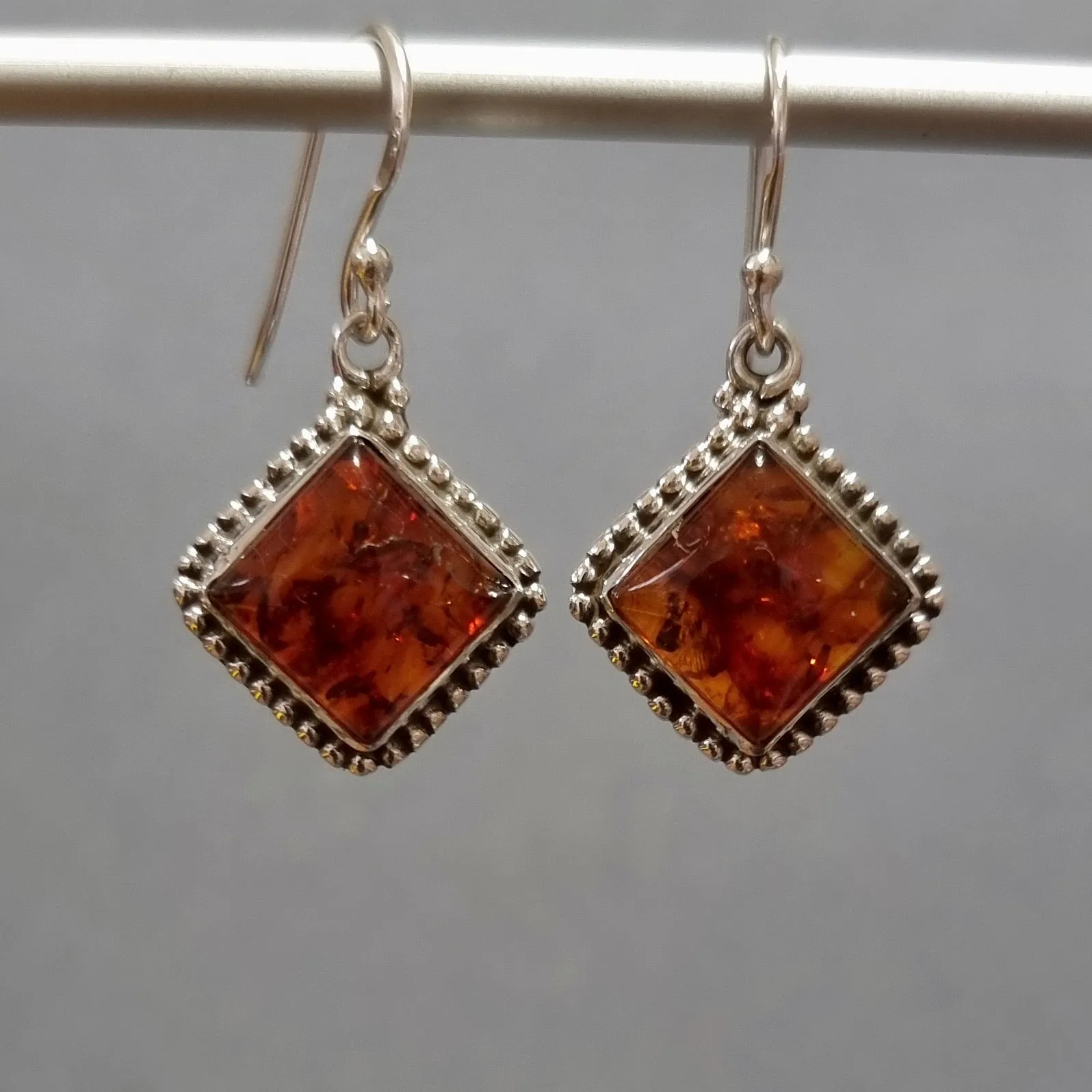 Large Boho Square Baltic Amber Dangle Sterling Silver Earrings, AMBE4